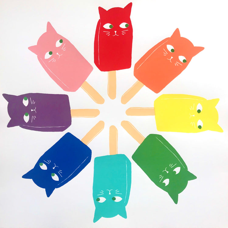 Rainbow Catsicle Print showing colorful popsicle shapes with cat faces arranged in a circle on white background